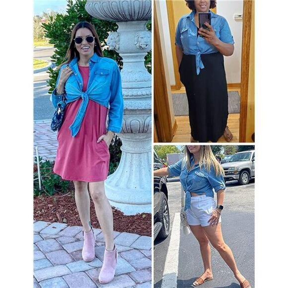 Womens Chambray Tie Front Crop Top Denim Shirt 34 Sleeve Button Down - Picture 3 of 7